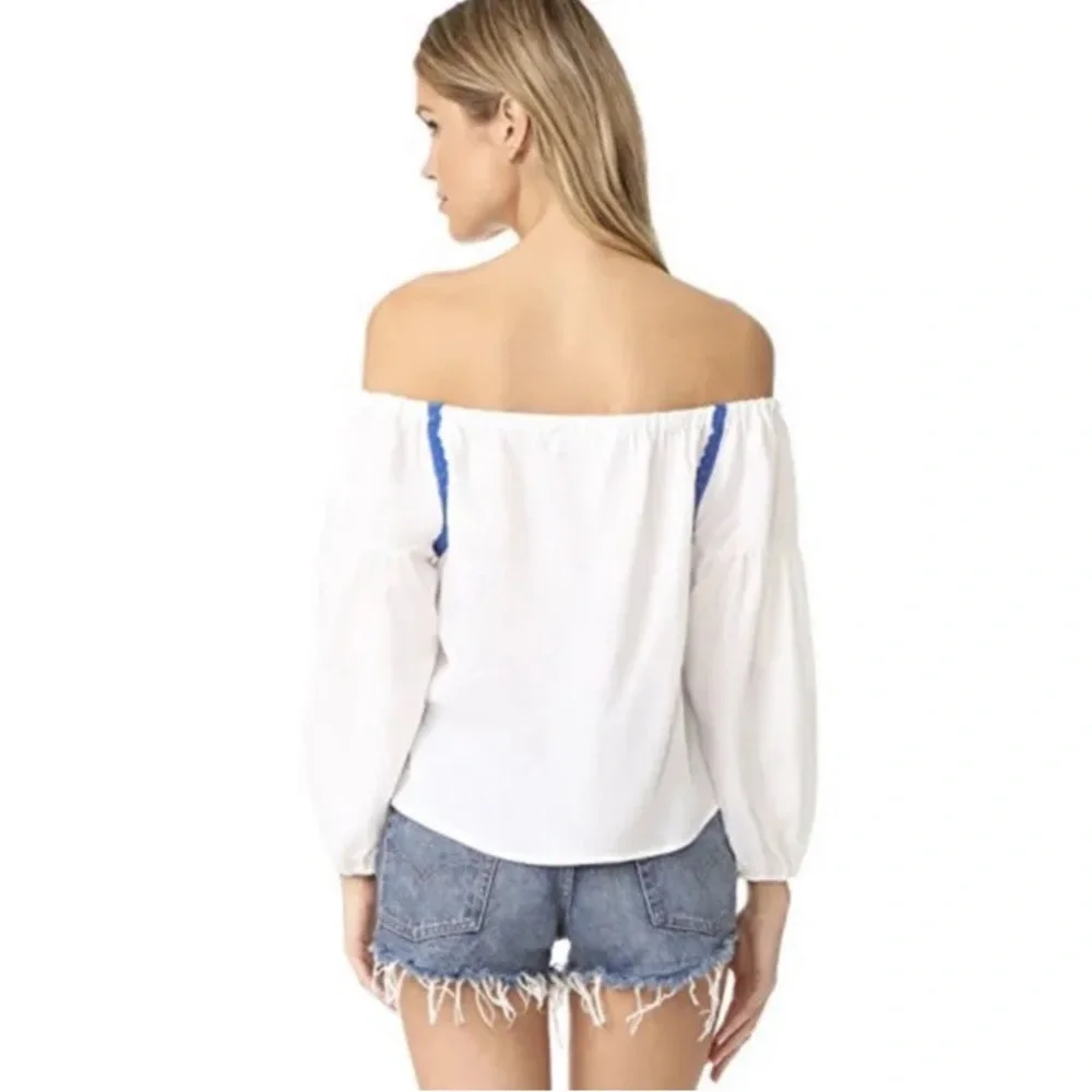 Line+Dot Revolve Valor Boho Embroidered Off The Shoulder Blouse White Blue Soft - Picture 2 of 8